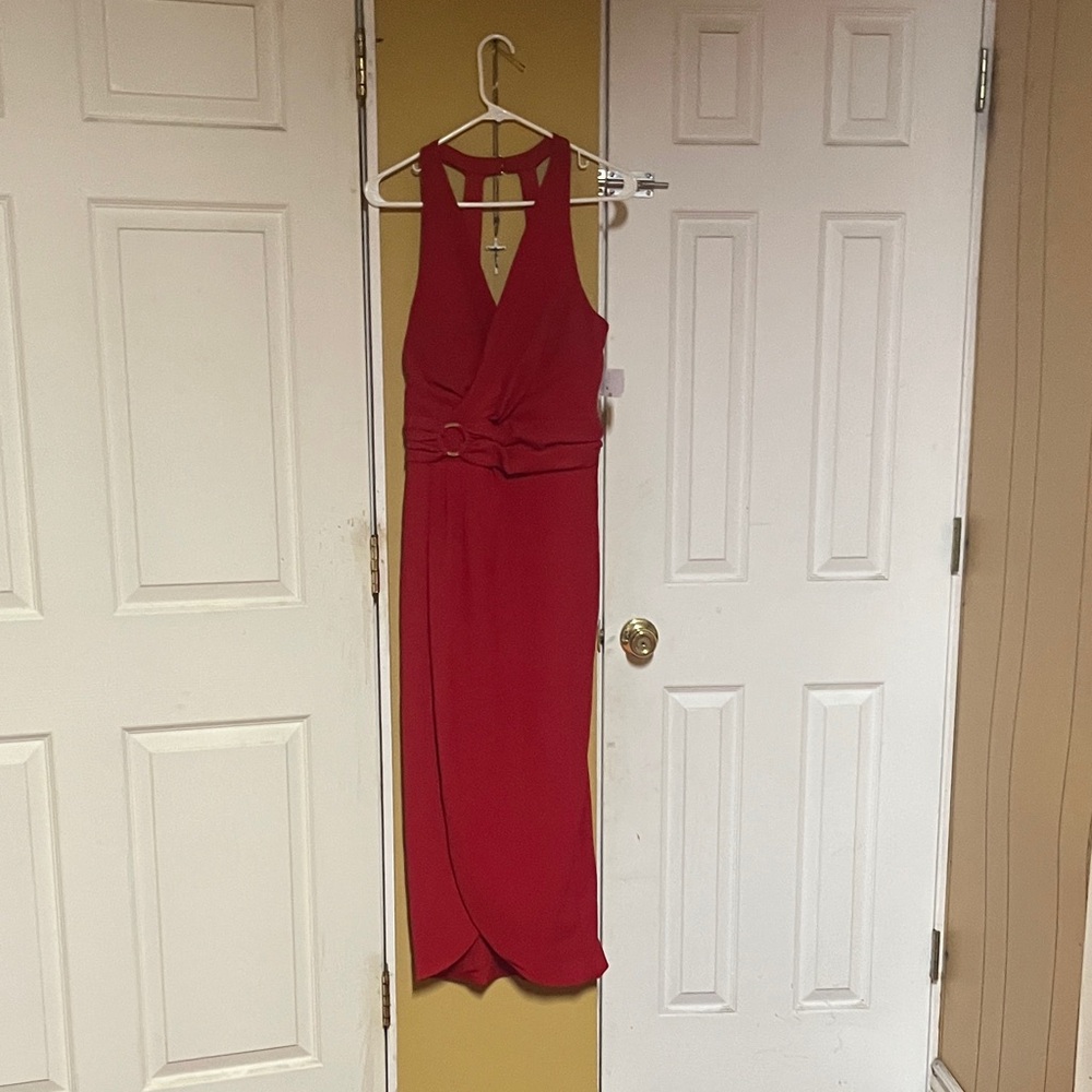 Siena Studio Red V-Neck Midi Dress with Belt Detail